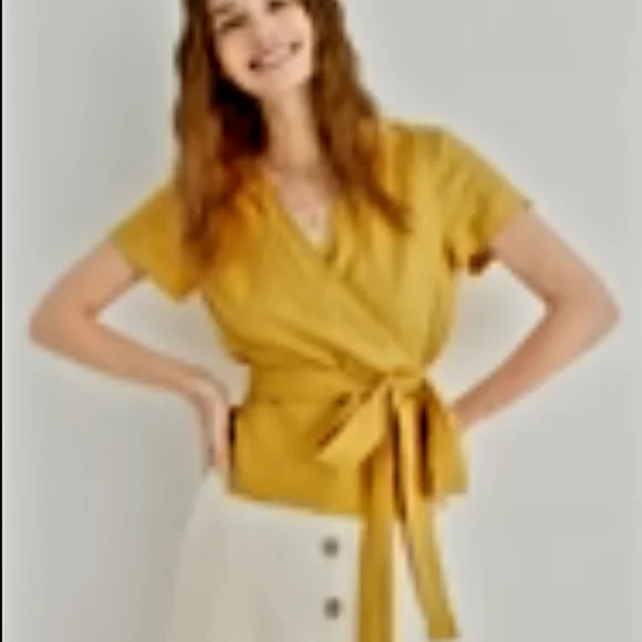 Women's Wrap Linen Top in Mustard with Self-Tie Waist - Picture 2 of 4